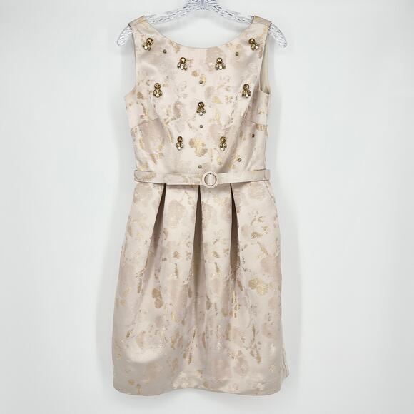 Eliza J Gold Metallic Brocade Fit & Flare Cocktail Dress Sz 6 Belt Elegant Party